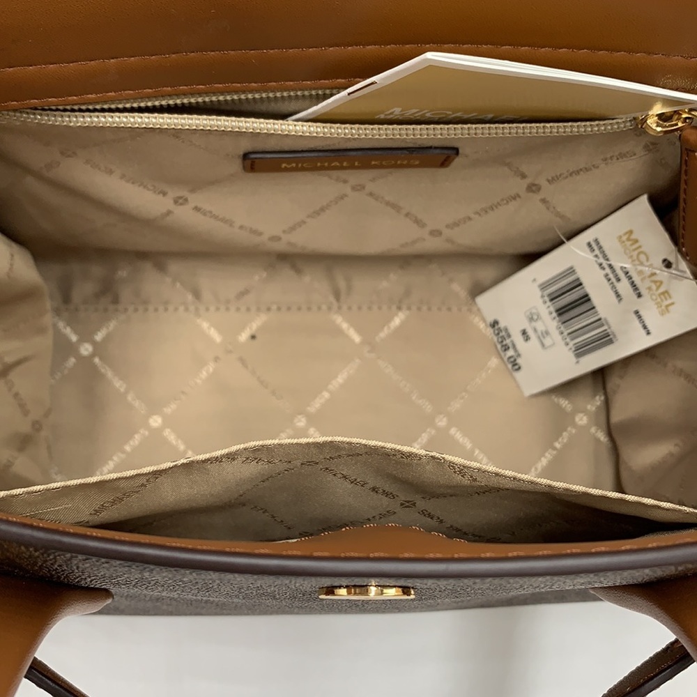 MICHAEL KORS CARMEN MEDIUM FLAP SATCHEL BROWN SIGNATURE COLOR - Picture 14 of 16
